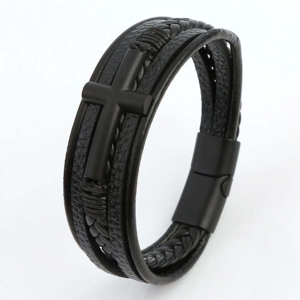 Bracelet Cuir Tressé Multicouche Punk – Boucle Magnétique Croix Homme