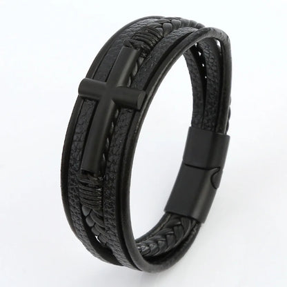 Bracelet Cuir Tressé Multicouche Punk – Boucle Magnétique Croix Homme