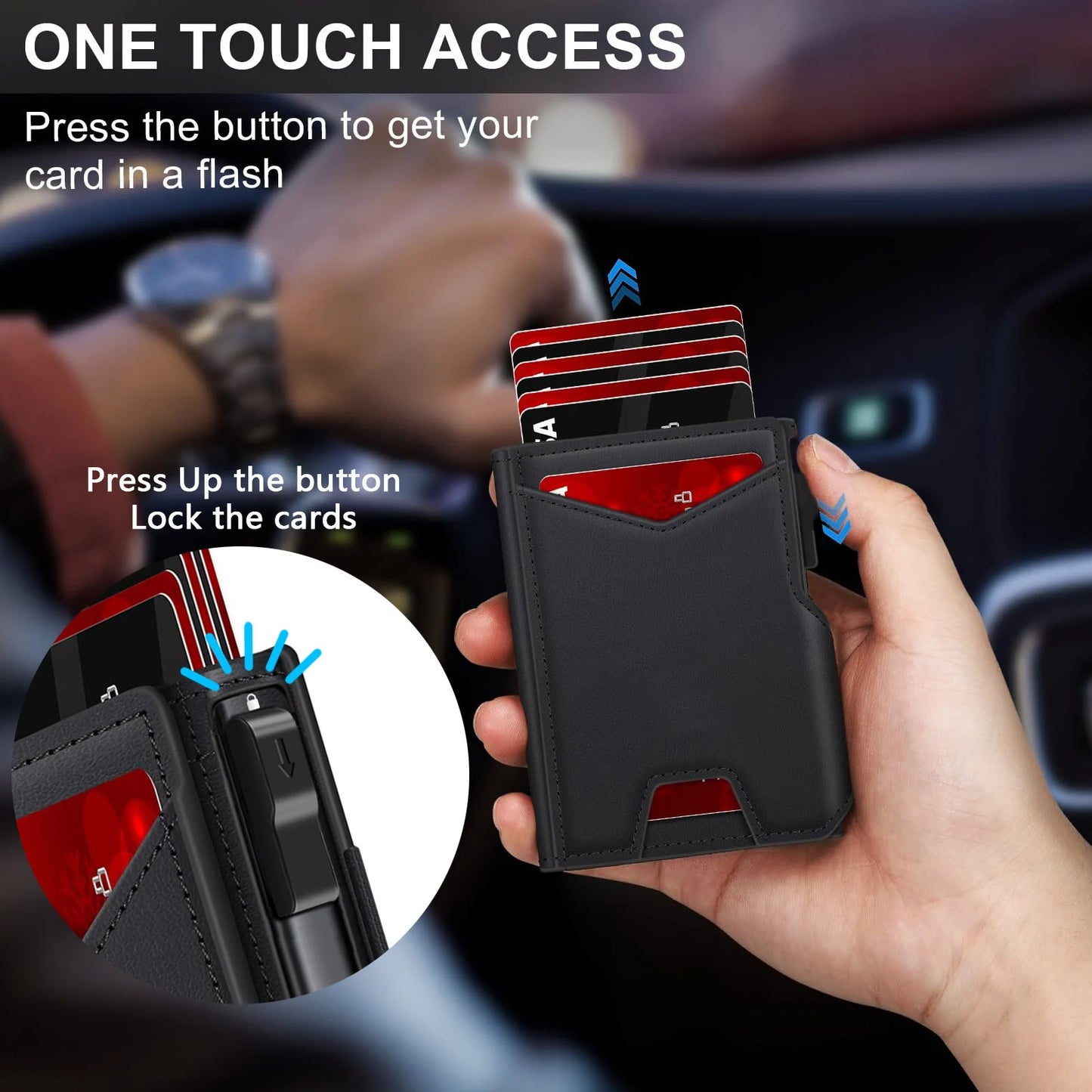 Portefeuille Homme Cuir Noir Slim Bifold RFID - Porte-Carte Pop-Up Métal Blocage Anti-RFID Minimaliste