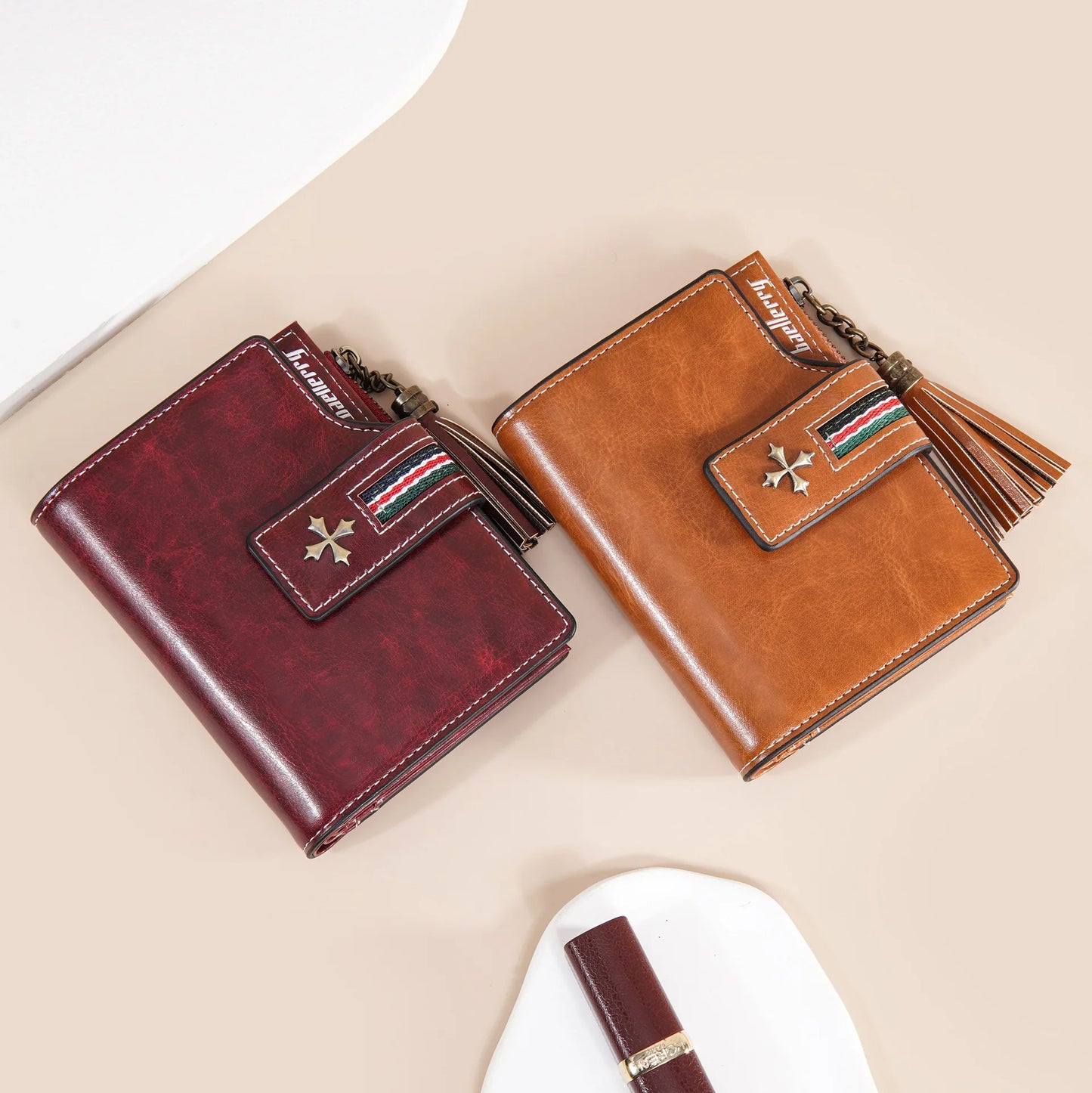 Portefeuille Femme Cuir Ciré Glands - Porte-Monnaie Tri-Fold Multi-Fentes Fermeture Éclair
