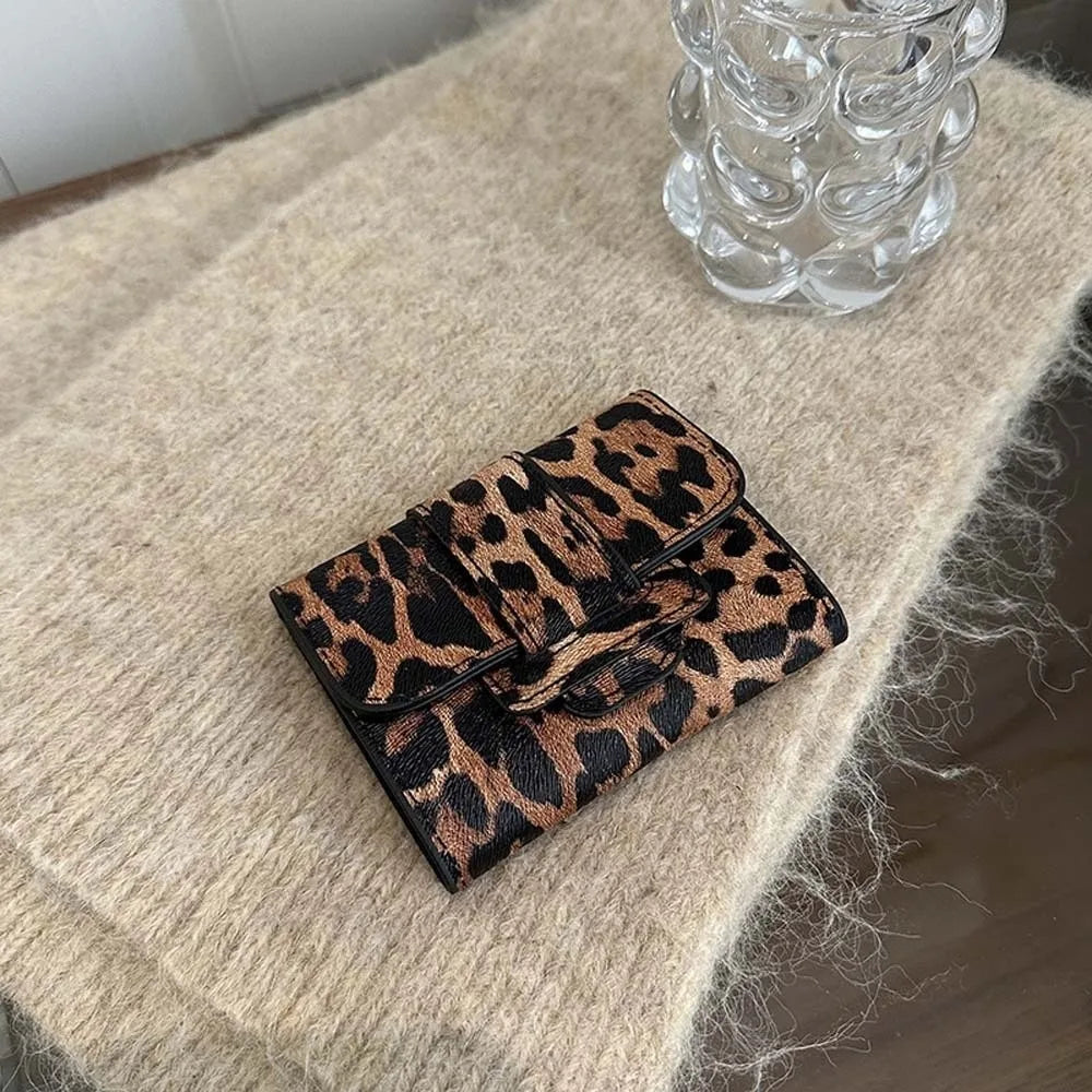 Portefeuille Femme Court Imprimé Léopard PU - Porte-Monnaie Carré Multi-Cartes Style Coréen Tendance