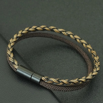 Bracelet en Cuir Tressé Fait Main pour Homme - Double Couche avec Charm en Cuivre