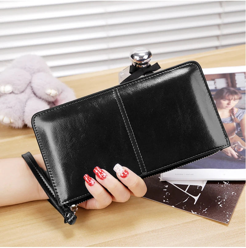 Portefeuille Clutch Femme Vintage Cuir Ciré PU - Grande Capacité avec Bracelet