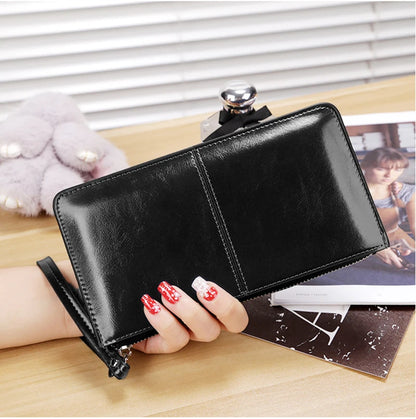 Portefeuille Clutch Femme Vintage Cuir Ciré PU - Grande Capacité avec Bracelet