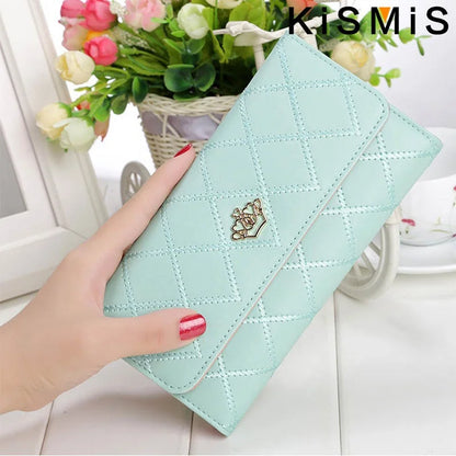Portefeuille Femme Long Cuir PU Carreaux Rose - Porte-Carte Téléphone Hasp Poche Monnaie Élégant
