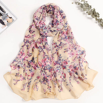 Foulard Écharpe Mousseline Fleur Prunier Femme - Bandana Châle Été Protection Solaire Plage