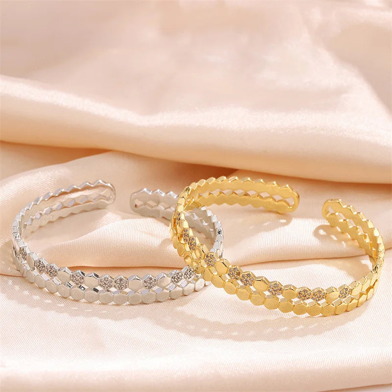 Bracelet Manchette Cuivre & Zirconia Femme – Ouvert Géométrique, Style Vintage Doré