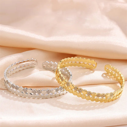 Bracelet Manchette Cuivre & Zirconia Femme – Ouvert Géométrique, Style Vintage Doré