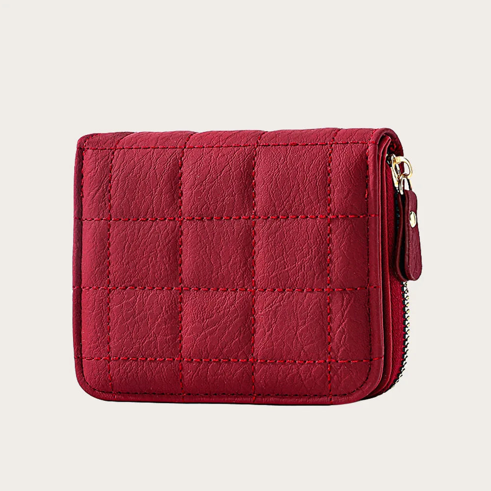 Portefeuille Femme Court Cuir PU Carreaux Zippé - Porte-Carte Monnaie Compact Fashion Noir