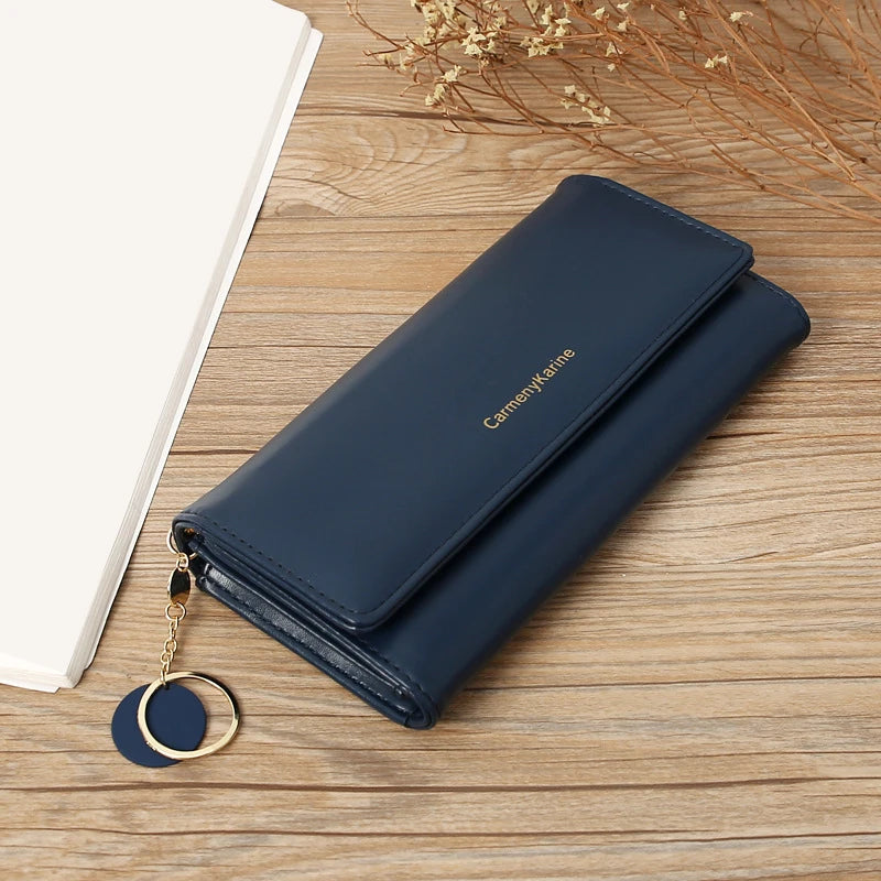 Portefeuille Femme Long Cuir PU Bleu Marine - Porte-Cartes Multifonction Pliable Clutch