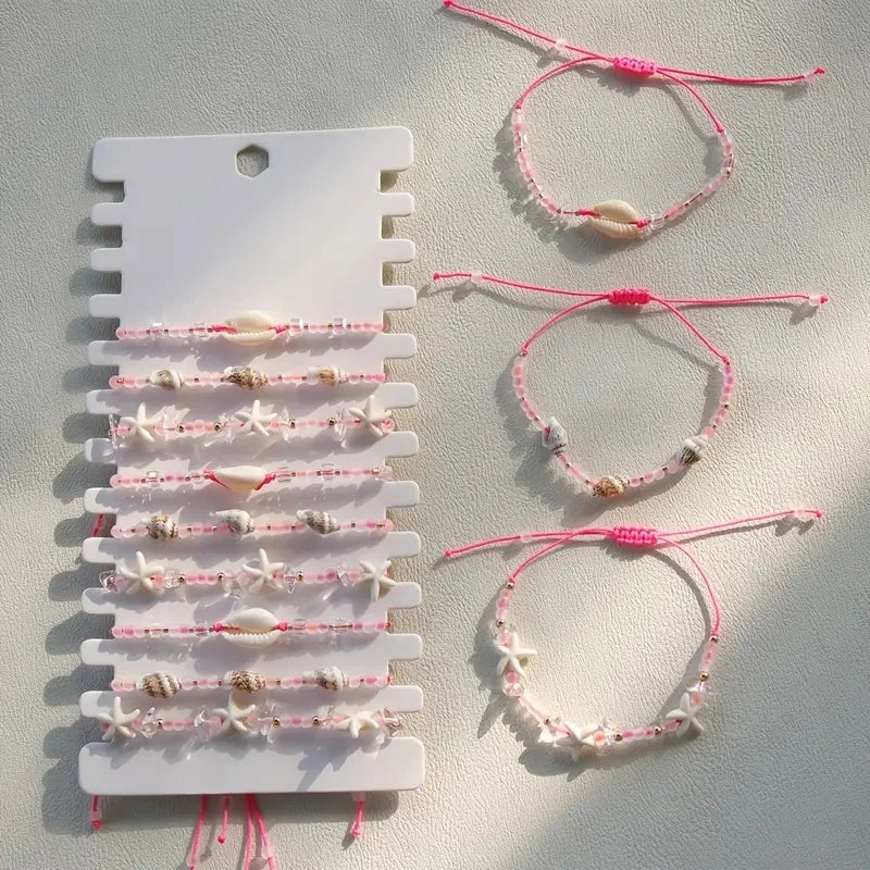 Ensemble 12 Bracelets Tressés Main Roses Coquillages – Ajustables Plage
