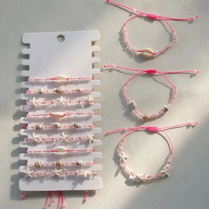 Ensemble 12 Bracelets Tressés Main Roses Coquillages – Ajustables Plage