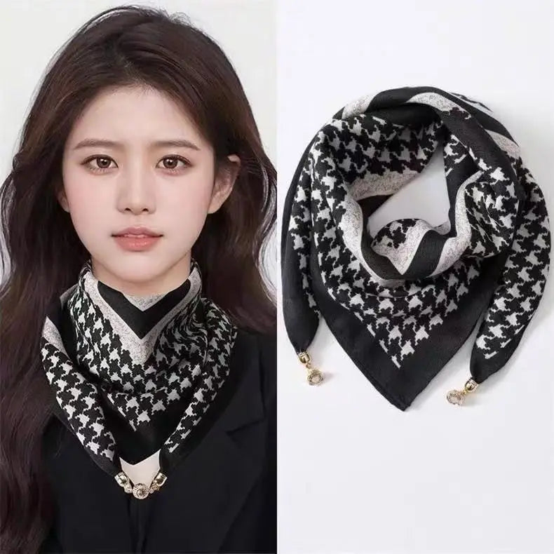 Luxury Square Scarf with Magnetic Buckle for Women - Silk Triangle Cross Scarf