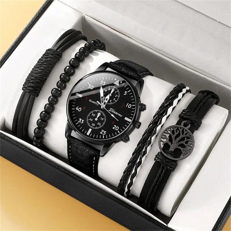 SHAARMS Montre Quartz Homme — Bracelet Cuir, Cadran Rond, Coffret Cadeau