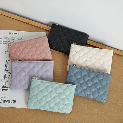 Porte-Monnaie Femme Mini Cuir PU Fermeture Éclair - Pochette Cartes Motif Carreaux Blanc
