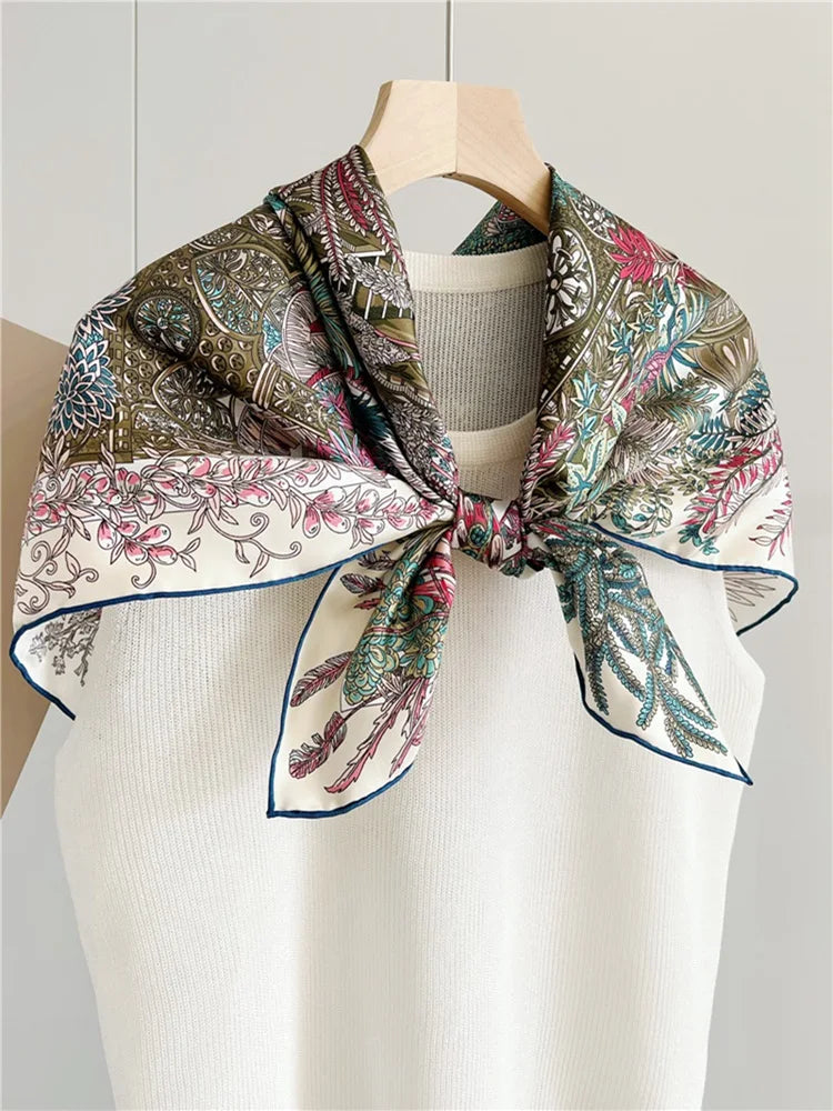 Foulard Carré Soie 100% Pure 90cm Neckerchief Femme - Châle Bandana Luxe Rose Vert