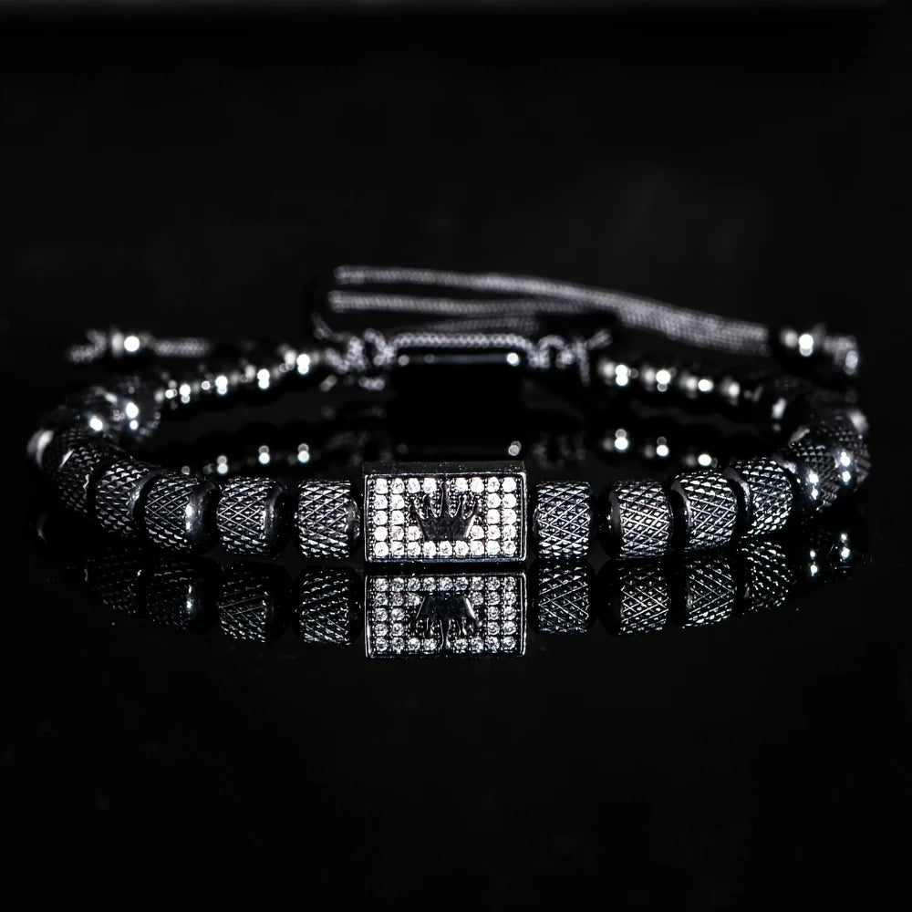 Bracelet Tressé Perle Couronne Micro-Serti – Acier Inoxydable Hommes Ajustable