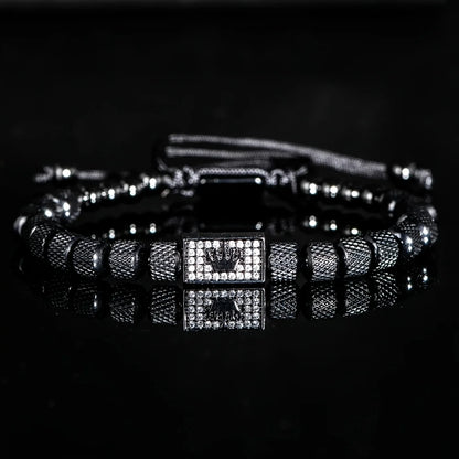 Bracelet Tressé Perle Couronne Micro-Serti – Acier Inoxydable Hommes Ajustable