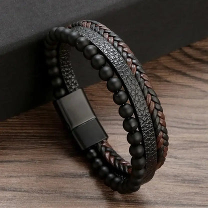 Bracelet en Cuir Tissé Main Multi-Couches pour Homme - Combinaison Classique Punk
