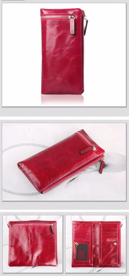 Portefeuille Femme Cuir Véritable Long - Porte-Monnaie Luxe Huile Végétale Casual