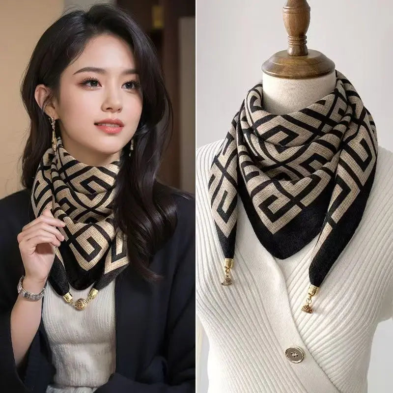 Luxury Square Scarf with Magnetic Buckle for Women - Silk Triangle Cross Scarf
