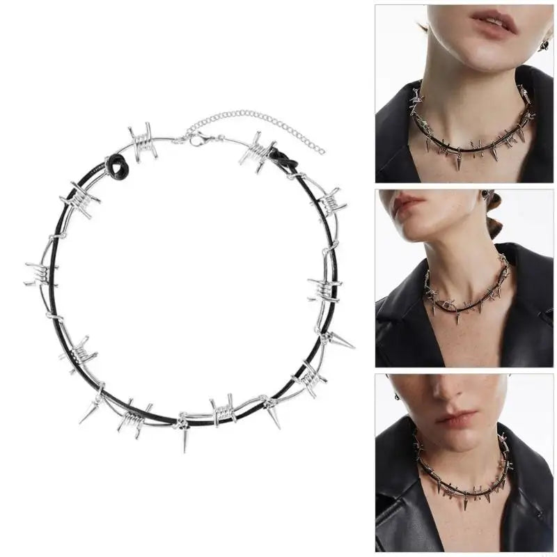 Set Collier Bracelet Fil Barbelé Punk – Ajustable Gothique Unisexe