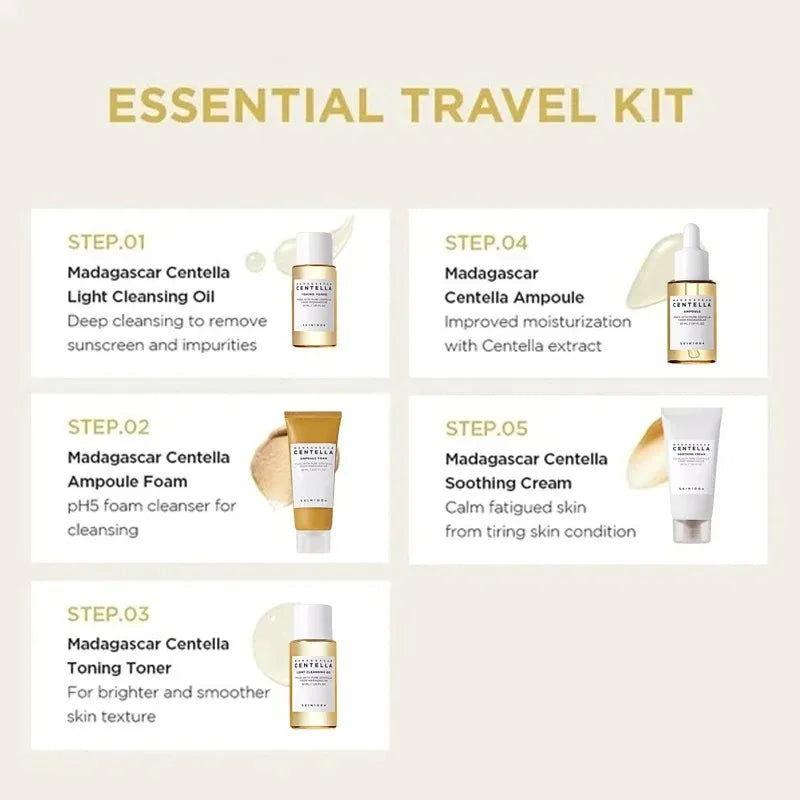 Kit Voyage SKIN1004 Madagascar Centella 5pcs - Toner Ampoule Crème Apaisante Huile Nettoyante Mousse K-Beauty