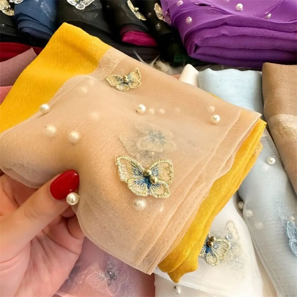 Foulard Soie Broderie Papillon Femme - Écharpe Châle Hijab Luxe Léger Élégant
