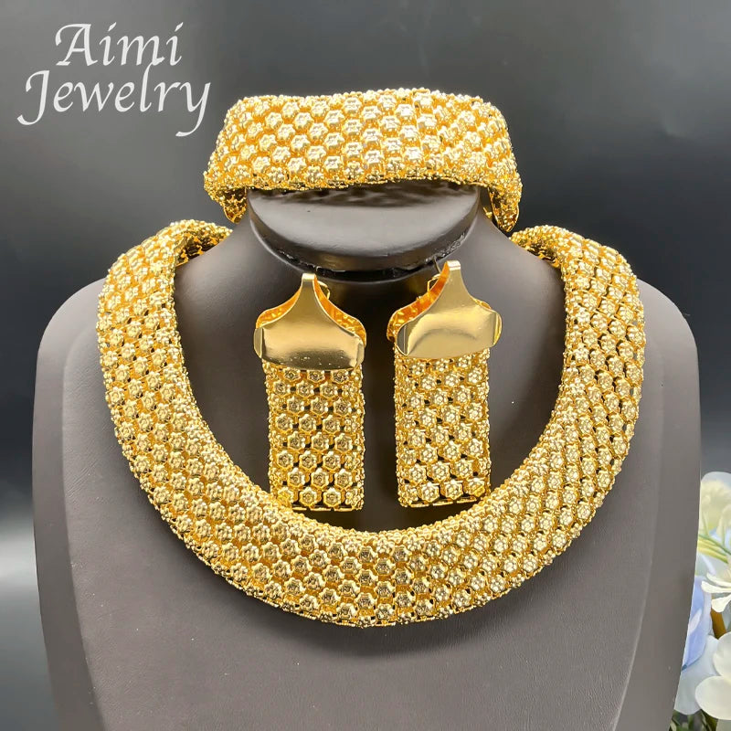 Parure Africaine Dubai Plaqué Or 18k - Collier Chaînes Larges, Boucles et Bracelet
