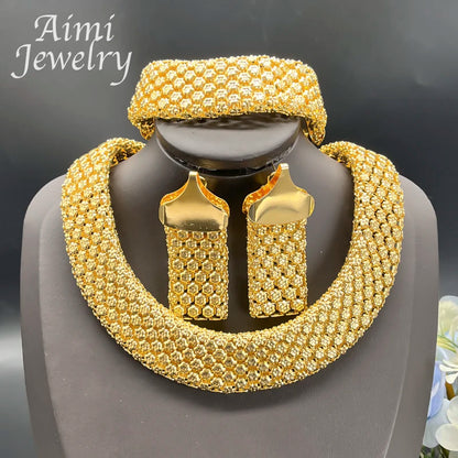 Parure Africaine Dubai Plaqué Or 18k - Collier Chaînes Larges, Boucles et Bracelet