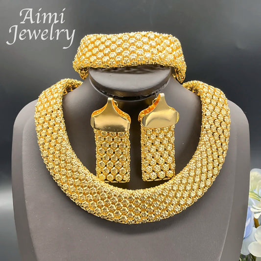Parure Africaine Dubai Plaqué Or 18k - Collier Chaînes Larges, Boucles et Bracelet