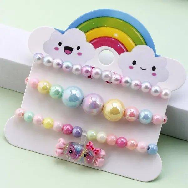 Ensemble 3 Bracelets Perles Cartoon Mignons Enfants – Princesse Licorne Fruits Chat Filles