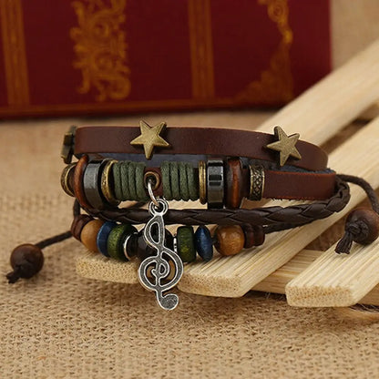 Bracelet Cuir Fait Main Bohème Gypsy - Étoile Métal Perles Bois Ajustable
