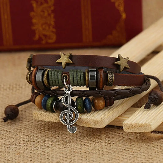 Handmade Bohemian Gypsy Leather Bracelet - Metal Star with Wooden Beads, Adjustable