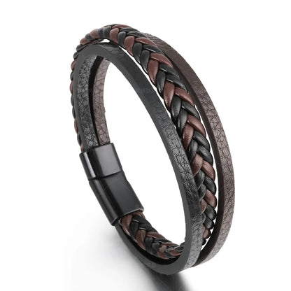Bracelet Cuir Multicouche Tressé Homme – Acier Inoxydable 21 cm 14 Coloris Cadeau