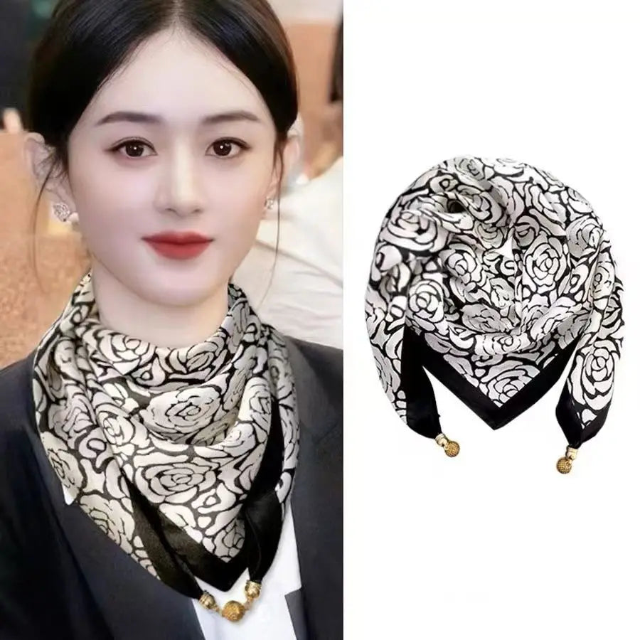 Luxury Square Scarf with Magnetic Buckle for Women - Silk Triangle Cross Scarf