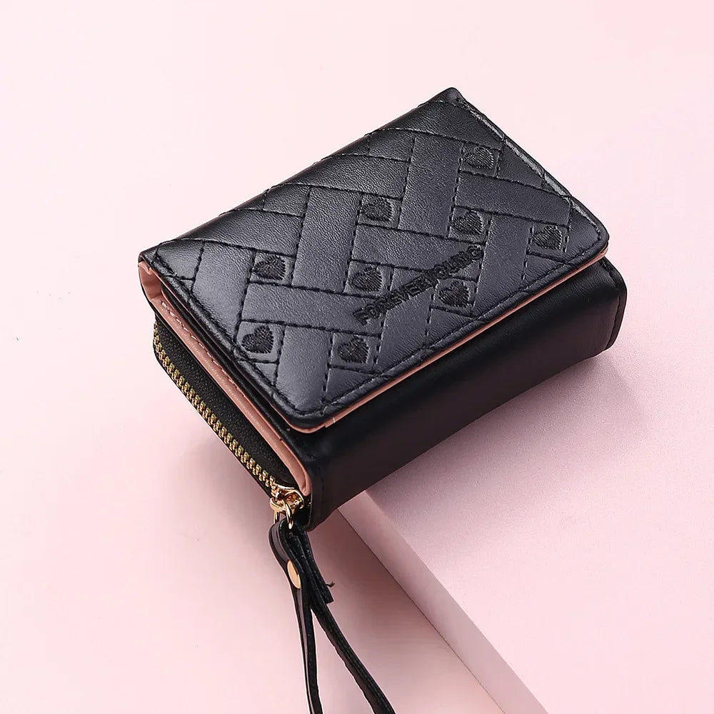 Portefeuille Femme Mignon Cœur Brodé Cuir PU - Trifold Multi-Cartes avec Porte-Monnaie