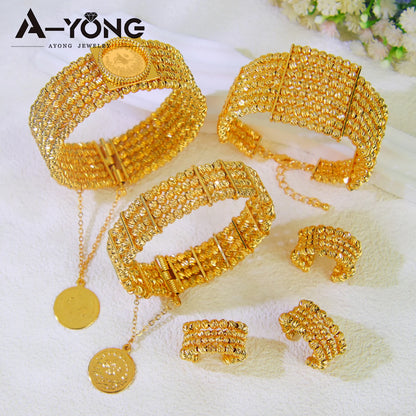 Ensemble Bracelet Bague Perles Dubai Mariage Plaqué Or 24K Luxe – Bangles Ajustables Mariée Arabe Femme