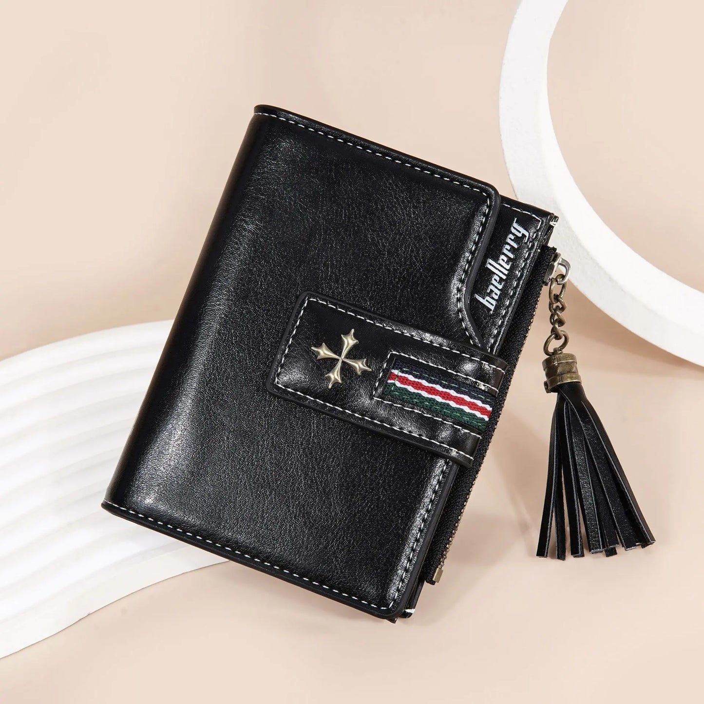 Portefeuille Femme Cuir Ciré Glands - Porte-Monnaie Tri-Fold Multi-Fentes Fermeture Éclair