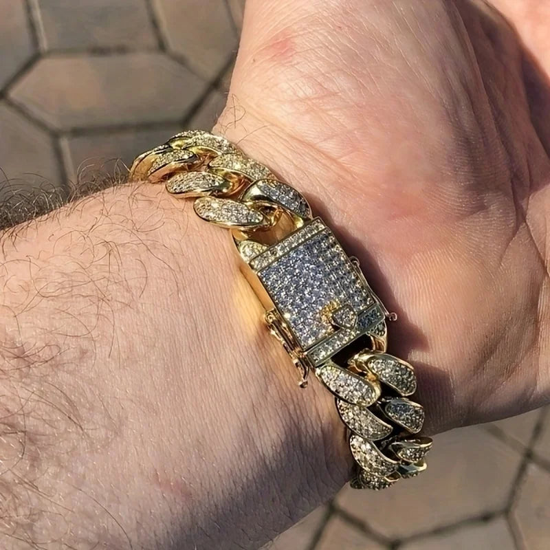 Bracelet Cubain Iced Out Acier Inoxydable – Chaîne Hip-Hop Cristaux Hommes