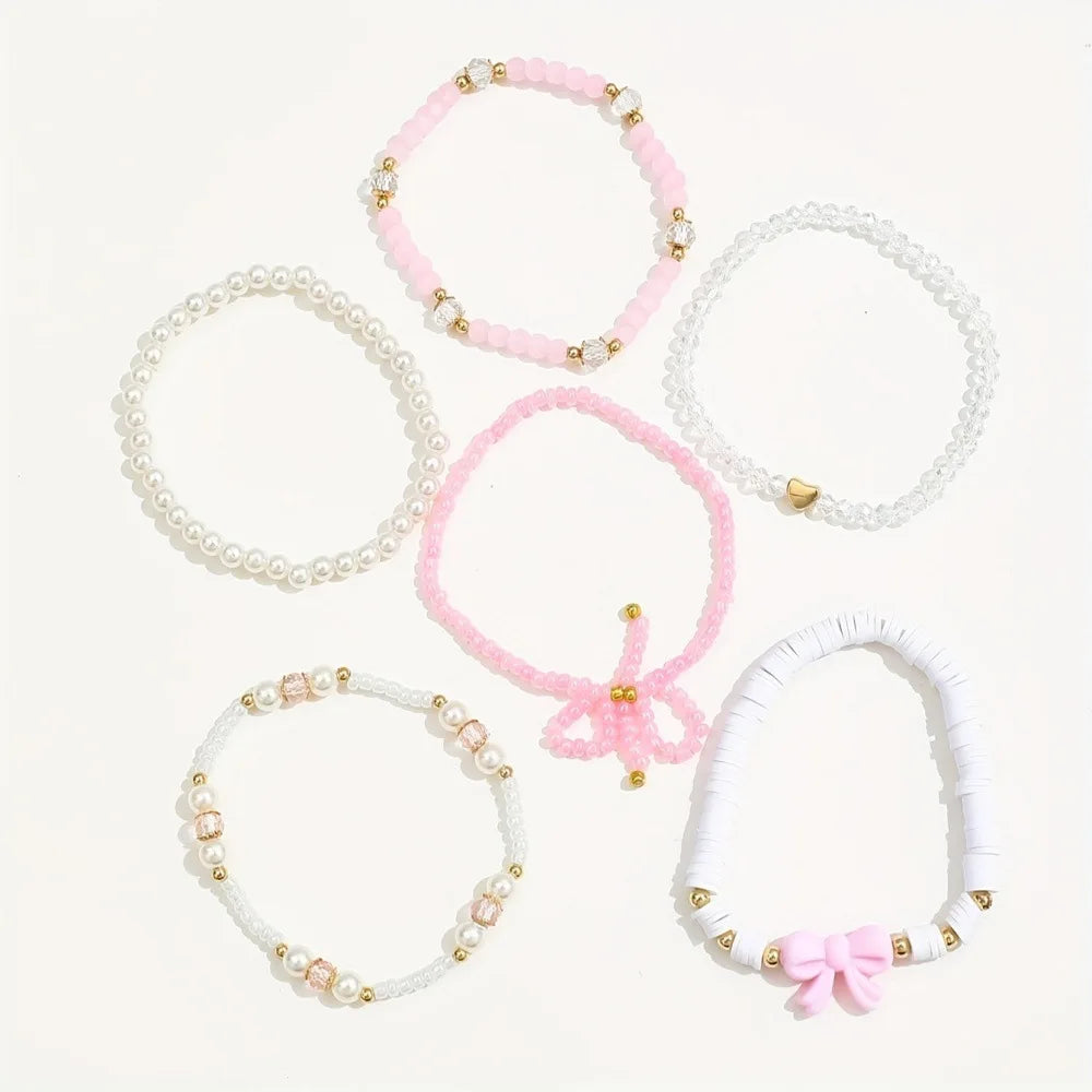 Ensemble 6 Bracelets Roses Nœuds Cœurs Y2K – Perles Acrylique Bohème