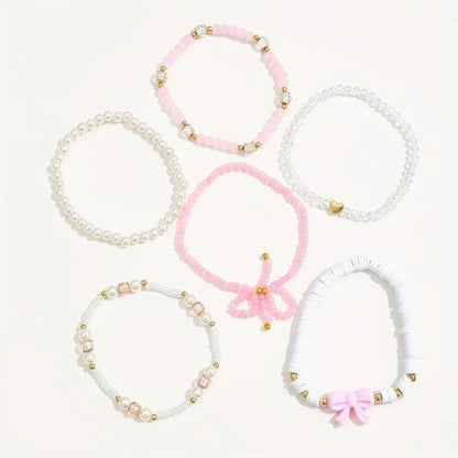 Ensemble 6 Bracelets Roses Nœuds Cœurs Y2K – Perles Acrylique Bohème