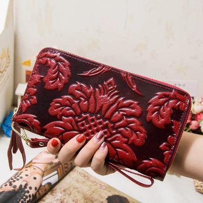 Portefeuille Femme Cuir Véritable Vintage Floral - Grande Capacité Clutch Pochette en Cuir de Vache