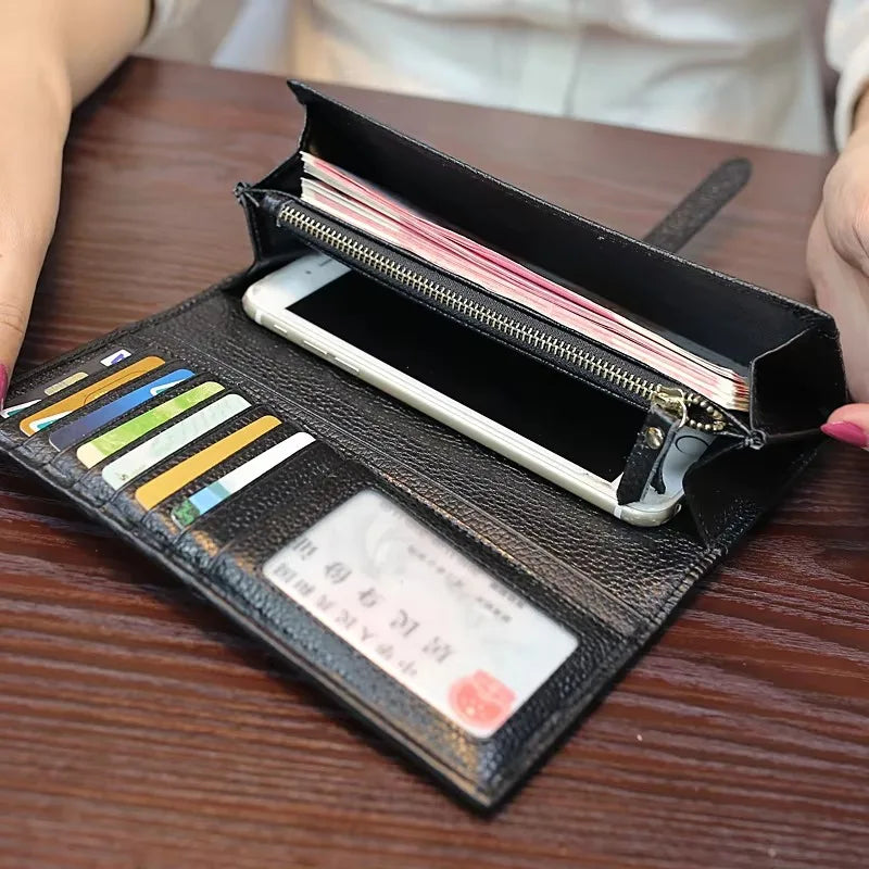 Portefeuille Femme Cuir Véritable Léopard Noir - Clutch Luxe Designer Long 2026