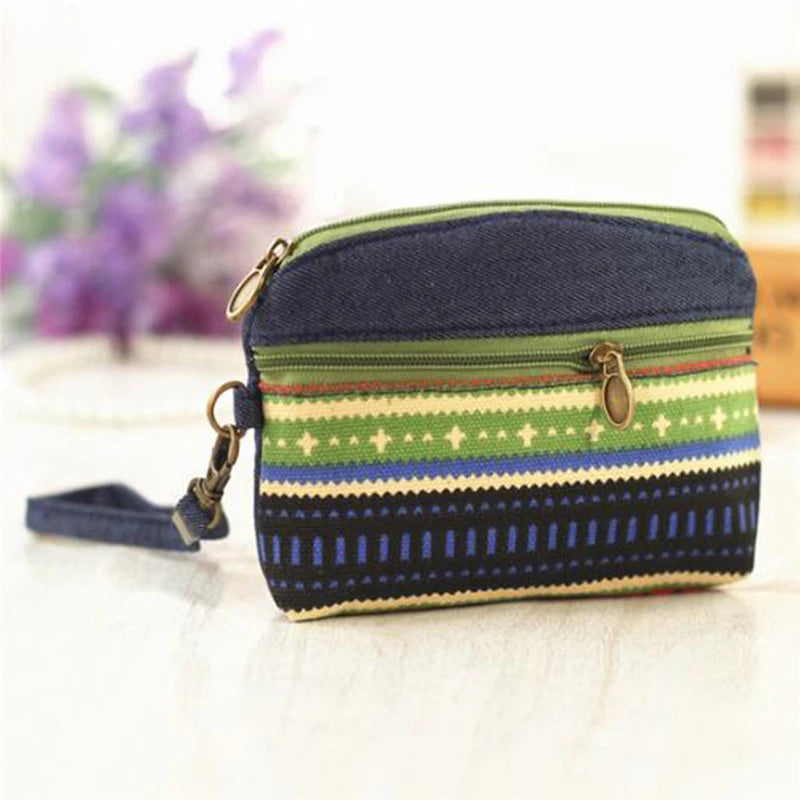 Porte-Monnaie Ethnique en Coton - Pochette Double Zip pour Femme et Enfant