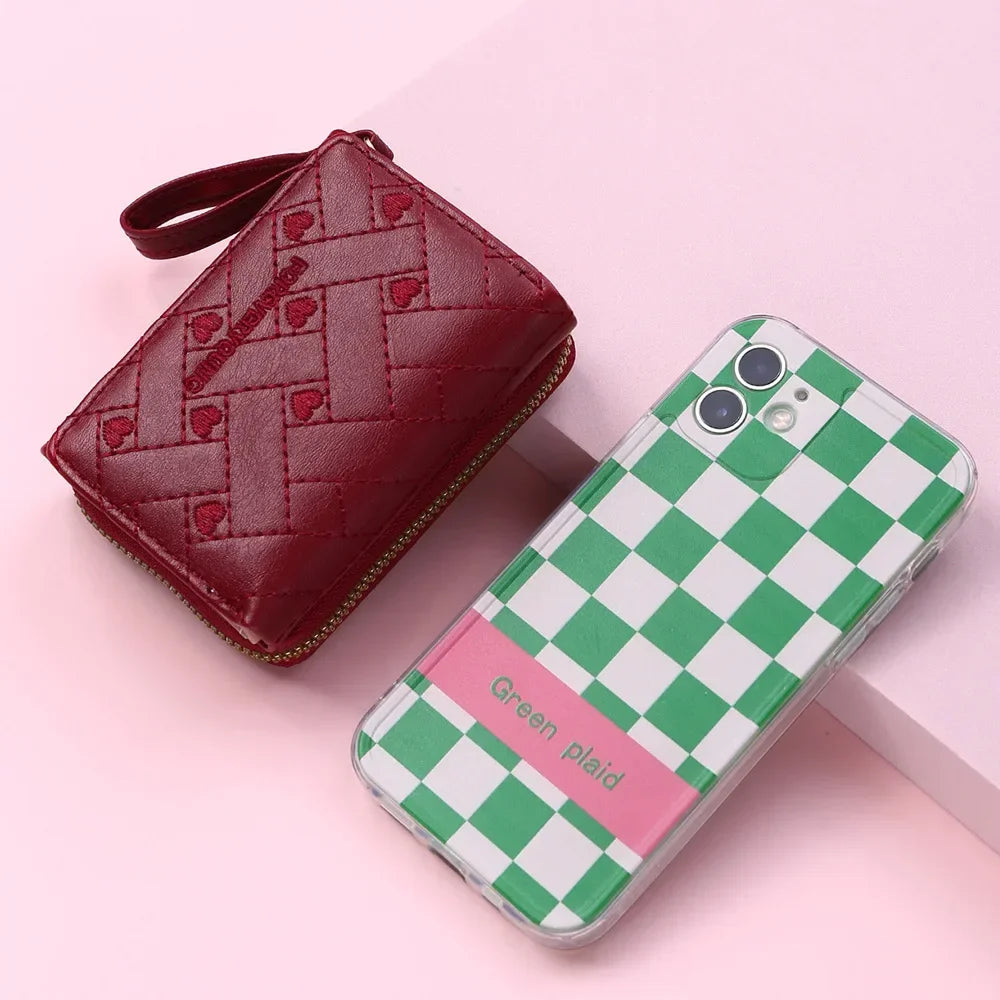 Portefeuille Femme Mignon Cœur Brodé Cuir PU - Trifold Multi-Cartes avec Porte-Monnaie