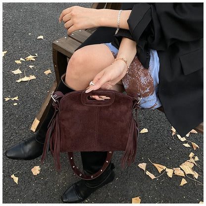 Sac à Main Femme Daim Vintage Style Français - Sac Bandoulière Épaule Glands Café