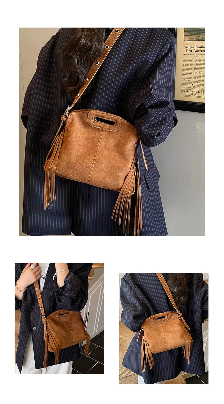 Sac à Main Femme Daim Vintage Style Français - Sac Bandoulière Épaule Glands Café