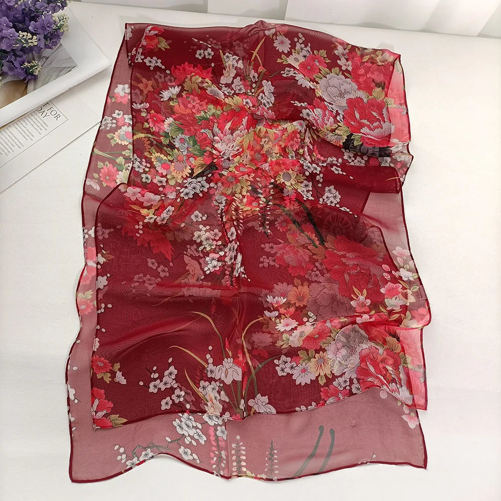 Foulard Écharpe Mousseline Georgette Femme Fleur Prune - Bandana Été Léger Respirant