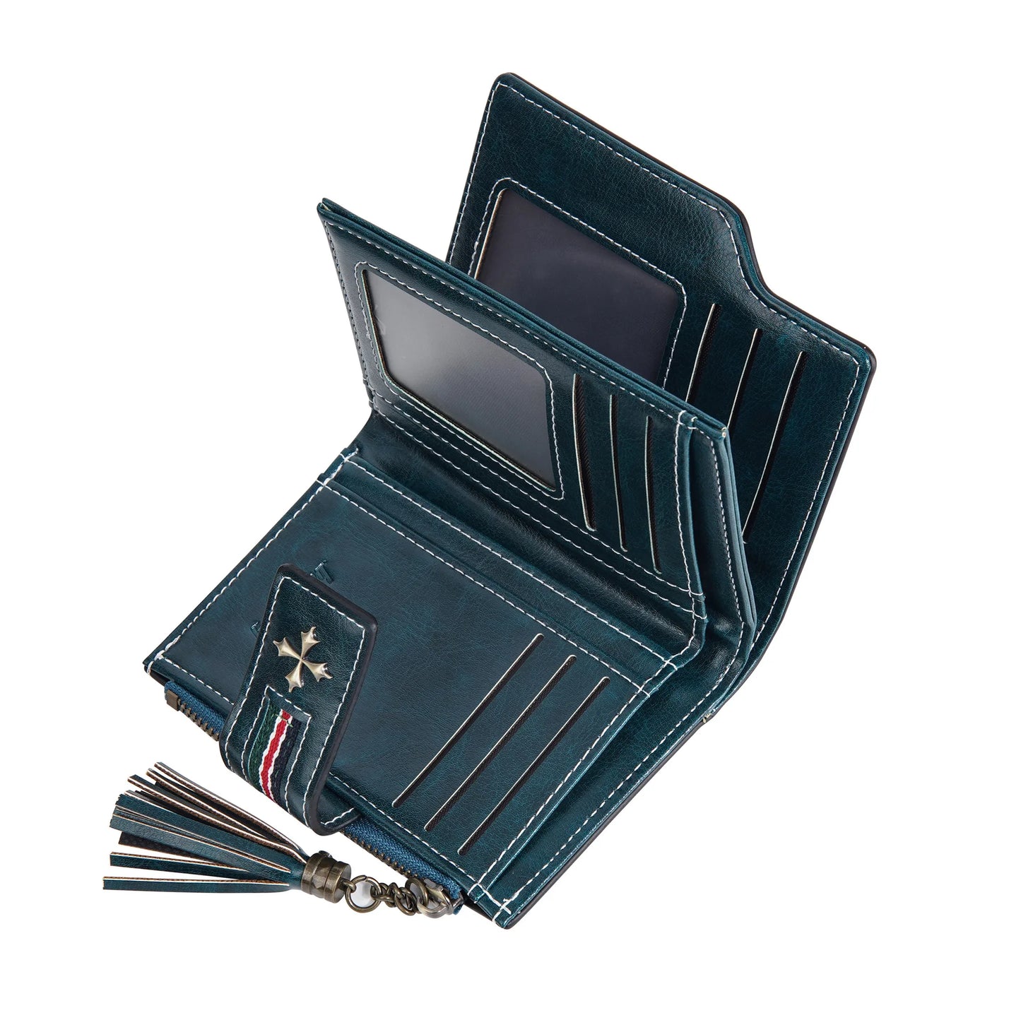 Portefeuille Femme Cuir Ciré Glands - Porte-Monnaie Tri-Fold Multi-Fentes Fermeture Éclair